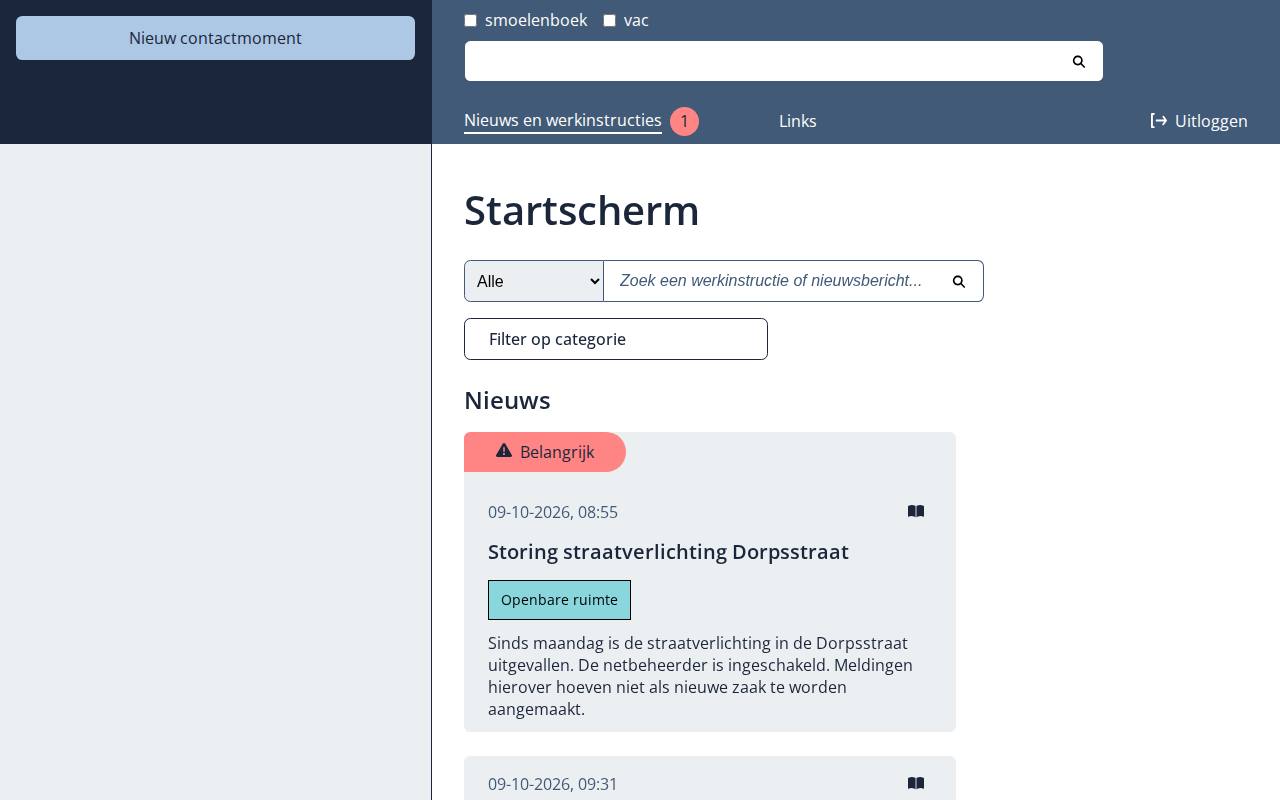 Startscherm met nieuws en werkinstructies
