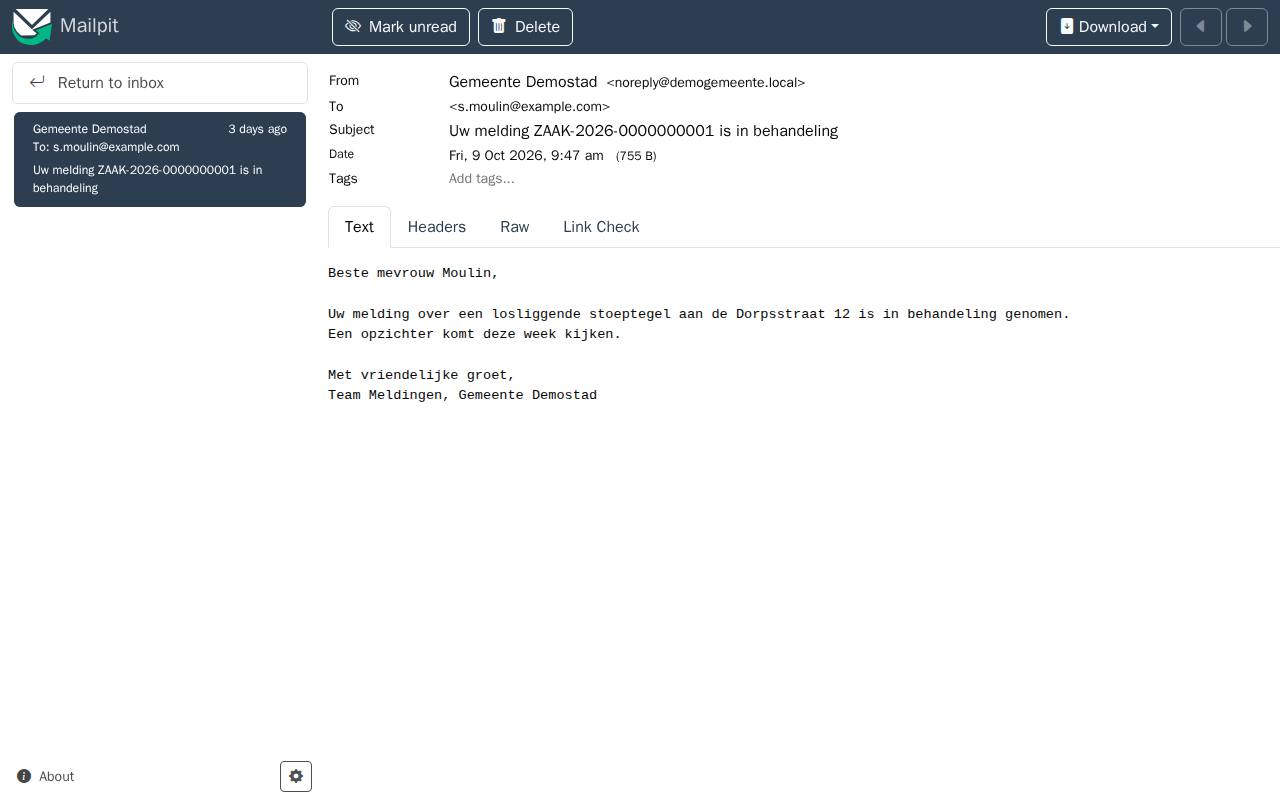 Uitgaande mail in Mailpit